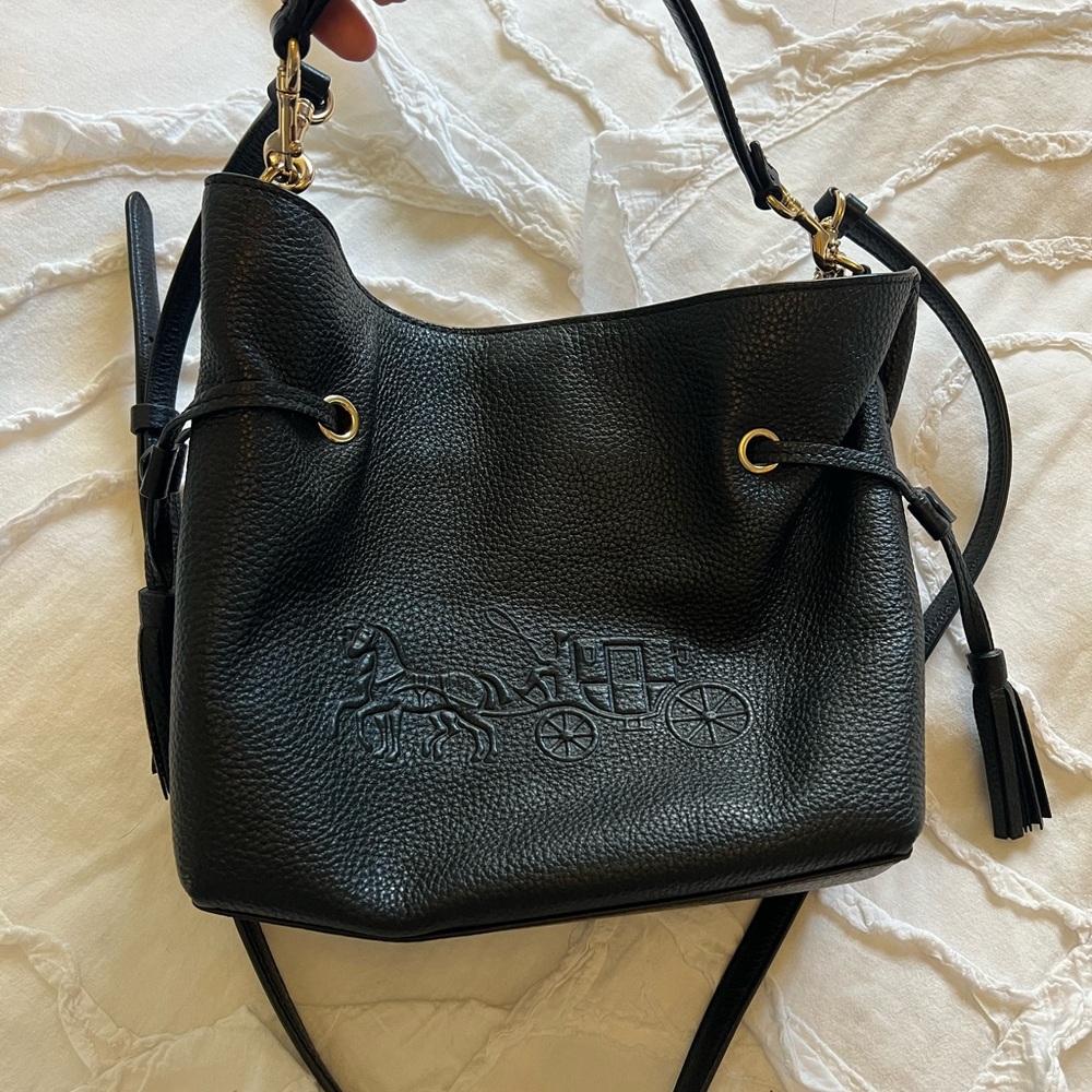COACH Black Leather Bucket Bag with Embossed Carriage